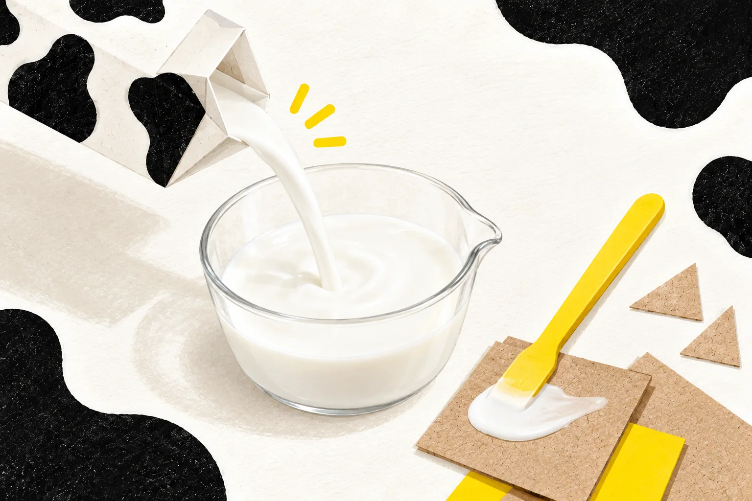 牛乳をボウルに注ぎ、工作用の素材へと活かすイメージ
